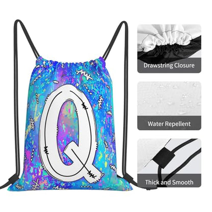 Drawstring Backpack Bag Sport Gym Sackpack Initial Blue Draw String Cinch Bags Bulk String Backpack Storage Bag for Women Men Letters Q - color: Letters Q