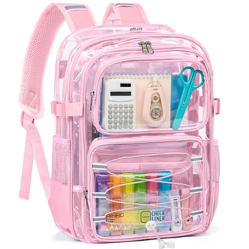 Heavy Duty Clear Backpack for School 360° Reflective Strips Clear Bookbag Transparent PVC Backpack with Multiple Compartments See Through Bag for College Work Travel Security - color: Pink