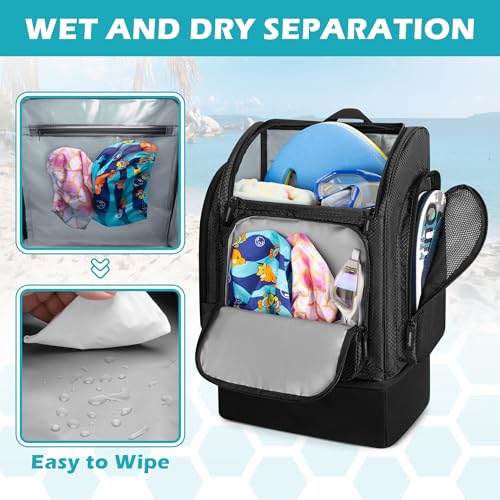 Fasrom Mesh Beach Backpack with Insulated Cooler Compartment, Wet Dry Separation Beach Bag, Large Capacity Tote for Swim - color: Black