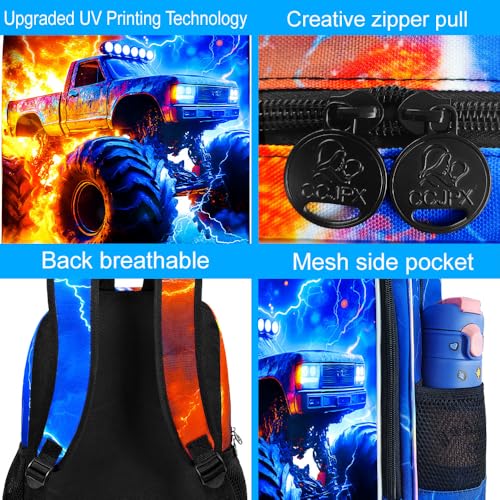 AGSDON 3PCS Truck Backpack for Boys, 17" Kids Bookbag with Lunch Box for Boy, Flame Thunder Backpacks Water Resistant and Lightweight for Teen - color: Truck
