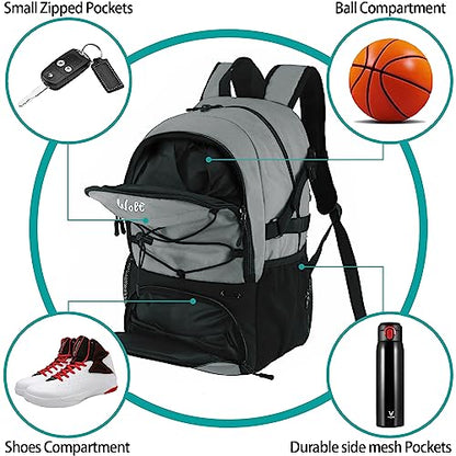 WOLT Basketball Backpack Large Sports Bag with Separate Ball Holder & Shoes Compartment, Best for Basketball, Soccer,Gym - color: LightGrey