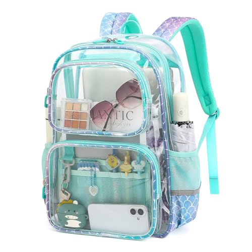 Sisipoet Clear Backpack for Girls, Heavy Duty PVC Transparent Bookbag for School, Funny Kids Backpacks with Mermaid Print, Blue - color: Mermaid