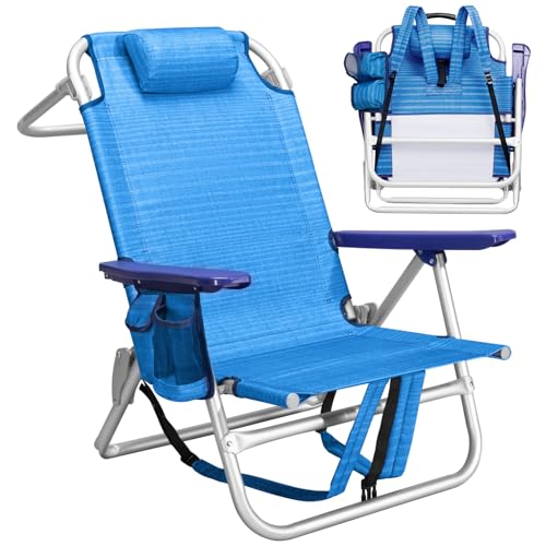 PRETZI Backpack Beach Chairs for Adults - Folding Heavy Duty Camping Chair with Storage Pouch, Cup Holder & Towel Rack, Lightweight & Adjustable Lounge Chair for Outdoor,Travel (1pack / Blue) - color: Blue, size: 1 pack
