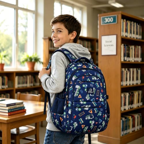 MYGOO Boys School Backpack Euclid Truck Blue Bookbag for Elementary Middle School Ages 5-12, 17 inch Large Capacity 24L Kids Student Travel Bags - color: Euclid Truck Blue