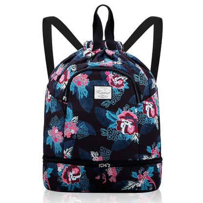 Kamo Drawstring Backpack Bag - Sport Swimming Yoga Backpack with Shoe Compartment, Two Water Bottle Holder for Men Women Large String Backpack Athletic Sackpack for Travel - color: Blue Leaves