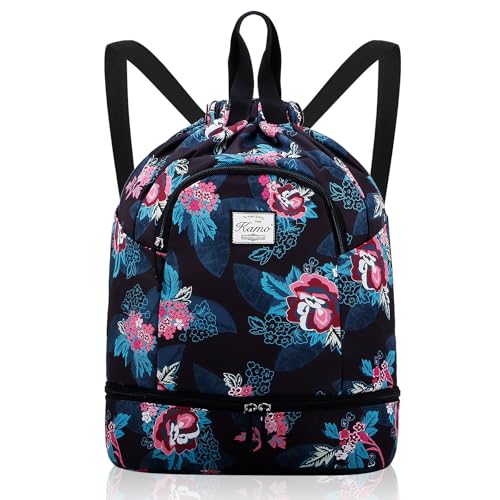 Kamo Drawstring Backpack Bag - Sport Swimming Yoga Backpack with Shoe Compartment, Two Water Bottle Holder for Men Women Large String Backpack Athletic Sackpack for Travel - color: Blue Leaves