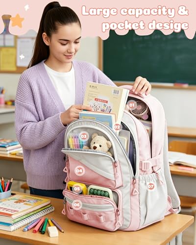 High Middle School Backpack For Girls Pink Laptop Bookbag For Women Cute Backpacks For School Teens College Large Capacity School Bag For Girls Waterproof