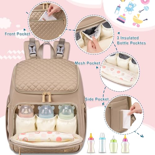 Weitars Diaper Bag Backpack Large Baby Diaper Bag with Changing Pad Travel Diaper Backpack,Baby Bag for Boys Girls,Stroller Straps,5 Insulated Pockets (Khaki) - color: Khaki