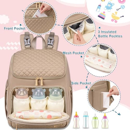 Weitars Diaper Bag Backpack Large Baby Diaper Bag with Changing Pad Travel Diaper Backpack,Baby Bag for Boys Girls,Stroller Straps,5 Insulated Pockets (Khaki) - color: Khaki
