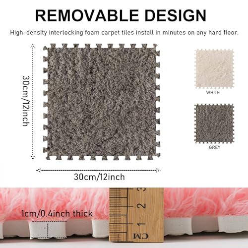 Thickened Plush Foam Interlocking Floor Carpet Mat,24 Piece 12x12in Fluffy Square Puzzle Foam Carpet Tiles with Edgings,Soft Anti-Slip Shaggy Area Rug Playmat(Color:Grey+White) - color: Grey+white