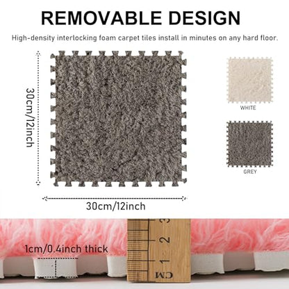 Thickened Plush Foam Interlocking Floor Carpet Mat,24 Piece 12x12in Fluffy Square Puzzle Foam Carpet Tiles with Edgings,Soft Anti-Slip Shaggy Area Rug Playmat(Color:Grey+White) - color: Grey+white