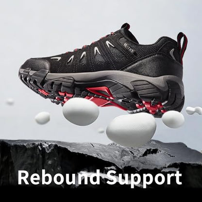 SHULOOK Men's Waterproof Hiking Shoes Lightweight Anti Slip Outdoor Ankle Boots Breathable Hike Trekking Trails Shoe - color: Black/Red, size: 11.5