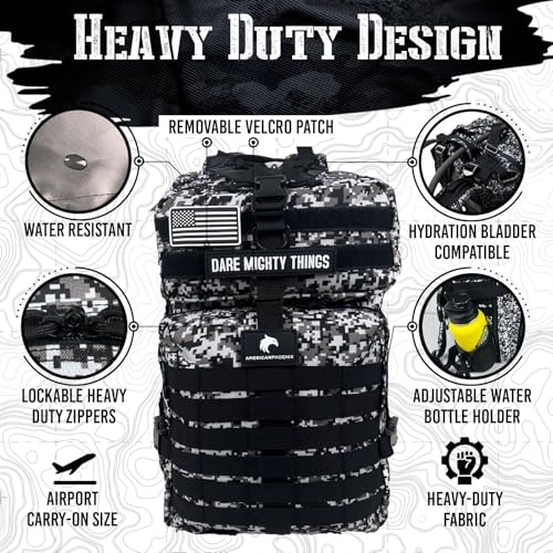 AMERICANPHOENIX 45L Elite Tactical Backpack | 3X Stronger Work & Military Backpack | Water Resistant and Heavy Duty | 3 Day MOLLE Bug Out Bag (Snow Leopard) - color: Snow Leopard