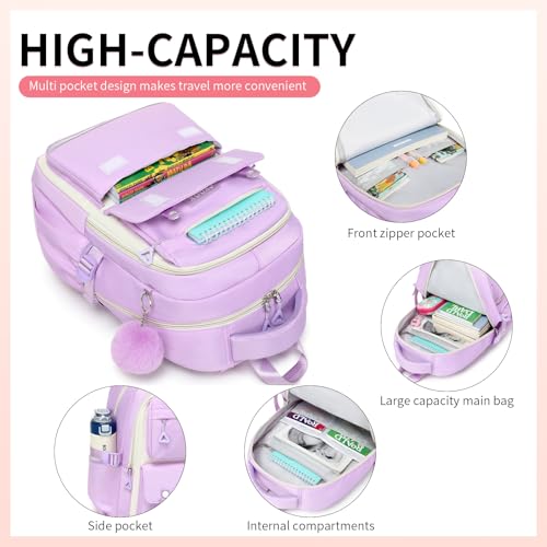 CYOQX 3PCS School Backpack for Girls with Lunch Box Teen Girl Backpack Set Elementary Middle High School Bag Cute Bookbags (Purple 3pcs) - color: Purple 3pcs