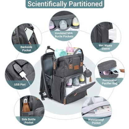 JOLLITO Diaper Bag Backpack with Changing Station Large Capacity Multifunction Baby Bags for Boy Girl Travel For Moms Dads Baby Registry Search Essentials Shower Gifτs Gray - color: Grey