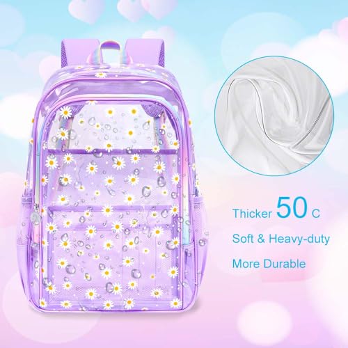 gxtvo 3PCS See Through Backpack Heavy-Duty Set for Women & Teen Girls, 17" Purple Transparent Bookbag with Rainbow Strap, Cute Chrysanthemum Clear School Bag - color: Purple Chrysanthemum Clear Backpack Set