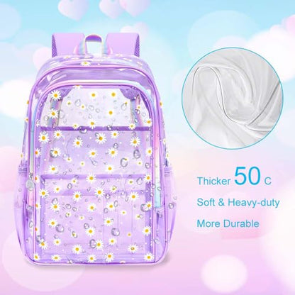 gxtvo 3PCS See Through Backpack Heavy-Duty Set for Women & Teen Girls, 17" Purple Transparent Bookbag with Rainbow Strap, Cute Chrysanthemum Clear School Bag - color: Purple Chrysanthemum Clear Backpack Set