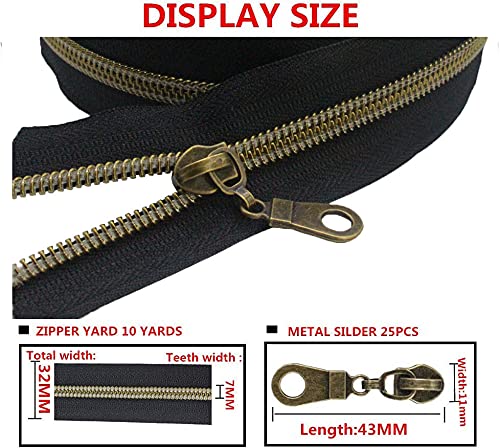 MebuZip #5 Antique Brass Metallic Nylon Coil Zippers by The Yard Bulk Coil Zipper Roll 10 Yards with 25pcs Pulls for DIY Sewing Craft Bags (Black) - color: Antique Brass Black