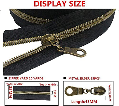 MebuZip #5 Antique Brass Metallic Nylon Coil Zippers by The Yard Bulk Coil Zipper Roll 10 Yards with 25pcs Pulls for DIY Sewing Craft Bags (Black) - color: Antique Brass Black