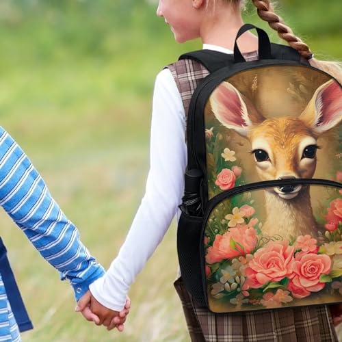 Talayituse Deer Flower Print School Backpack Bookbag Casual Backpack Student Backpack for Students Travel Hiking Camping Daypack with Front Zipper Pocket - color: Deer Flower