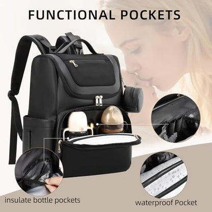 Large Leather Diaper Bag Backpack, Baby Travel Bag with Changing Pad, Insulated Pockets, Stroller Straps and Pacifier Case, Water-Resistant Diaper Bag for Mom and Dad, Black - color: Black