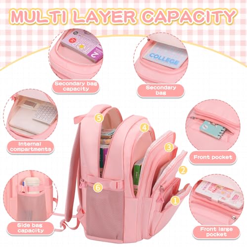 PRAGARI Cute Backpack for School Girls Aesthetic Backpack Women College Bookbag Large Students Laptop Bag Travel Casual Daypack - color: Pink
