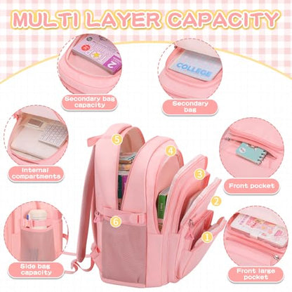 PRAGARI Cute Backpack for School Girls Aesthetic Backpack Women College Bookbag Large Students Laptop Bag Travel Casual Daypack - color: Pink