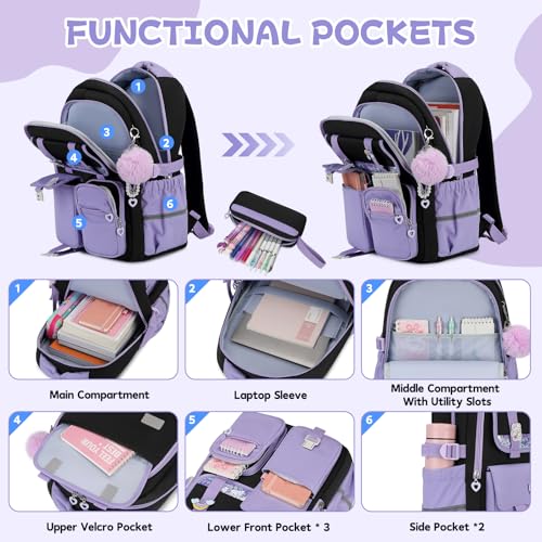 MUSEVOS Girls Backpack, Kids Backpack for Girls, School Bookbag for Teens Age 6-15, Large Capacity Water Resistant Backpack for Elementary to High School, Cute Travel Daypack, Black Purple 3pcs - color: Black Purple-3pcs