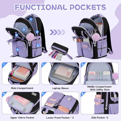 MUSEVOS Girls Backpack, Kids Backpack for Girls, School Bookbag for Teens Age 6-15, Large Capacity Water Resistant Backpack for Elementary to High School, Cute Travel Daypack, Black Purple 3pcs - color: Black Purple-3pcs