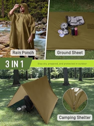 SaphiRose Extra Thick Hooded Rain Poncho Double Layer Waterproof Raincoat Jacket for Men Women Adults - color: Brown