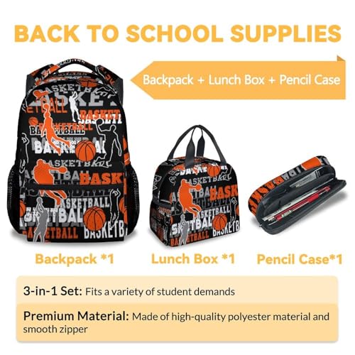 Mercuryelf Basketball Backpack with Lunch Box and Pencil Case, Elementary Kindergarten School Prechool Bookbag for Boys Kids, Set of 3 - color: Basketball-1-2