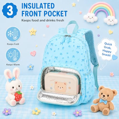 BTOOP Kids Backpack for Boys Girls 3-6, Preschool Kindergarten Backpack with Insulated Lunch Compartment & Chest Strap (Blue-Bow, Age 3-6 (14.5" H Fit Folder)) - color: Blue-bow, size: Age 3-6 (14.5" H Fit Folder)
