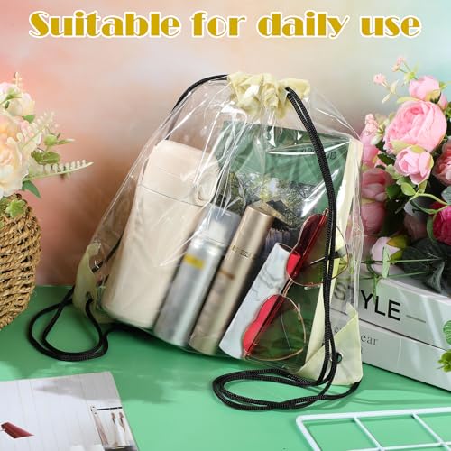 Shappy 30 Pcs Clear Drawstring Backpack, Plastic Waterproof Transparent Stadium Bags String Bag for Gym Travel (Beige) - color: Beige