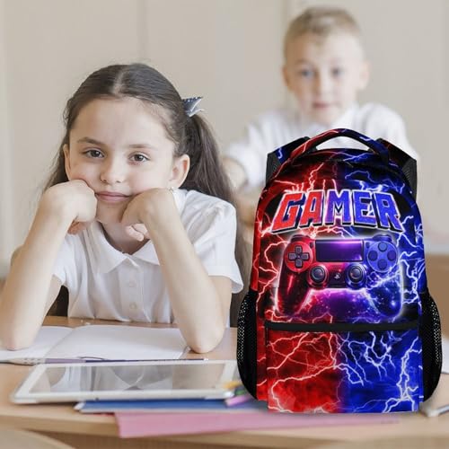 UNIKITTY Gamer School Backpack for Boys, 17 Inch Large Capacity Video Game Bookbag with Pockets for Kids Teens Students - color: Multicolor