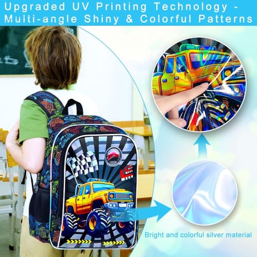 16" Truck Backpack for Boys, 3Pcs Bookbag with Lunch Box, Kids School Backpacks Set for Elementary Preschool Kindergarten (Balck) - color: Truck Yellow