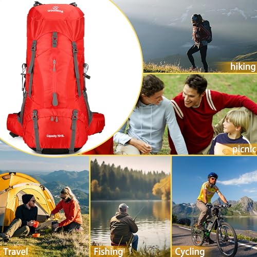 Hiking Backpack for Men and Women 70L+5L Waterproof Lightweight Camping Daypack with Rain Cover for Outdoor Travel Mountaineering - Frameless (Red) - color: Red