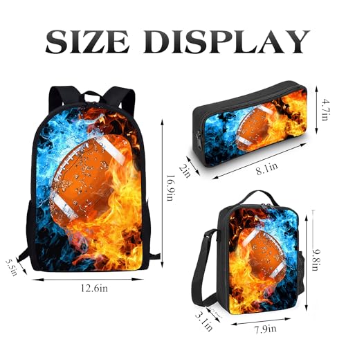 Football Backpack Set for School,17 Inch Casual School Bags with Lunch Box, Kids Daypack Bags and Pencil Case Set for Teens Boys Men Students - color: Ice&fire-football