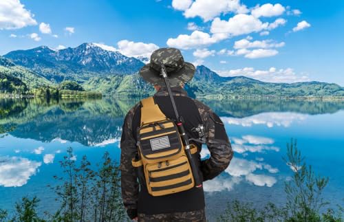 Tactical Sling Tackle Backpack Holster Fishing Crossbody Shoulder Strap Bag 15L Water Bottle Molle Accessories Pouch - color: Tan Brown