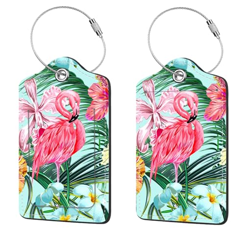 2 Pcs Luggage Tags for Suitcase, Cute Unique PU Leather Travel Bag Tag with Privacy Cover ID Label Address Card and Durable Metal Ring Suitable for Men Women Children Backpack,Flamingos - color: Flamingos