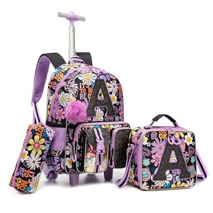 Meetbelify 3 in 1 Backpack with Wheels for Girls Rolling Letter Backpack Cute Carry on Backpack Kids Luggage with Lunch Box Pencil Case for Elementary Student - color: Flower