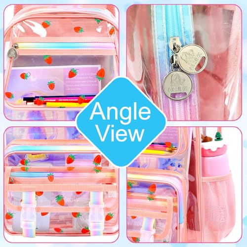 KLFVB Girls Clear Backpack Heavy Duty, 3PCS See Through School Bag Set, Cute Transparent Bookbag for Women - Strawberry Pink - color: Strawberry Pink Clear Backpack