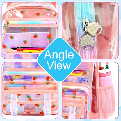 KLFVB Girls Clear Backpack Heavy Duty, 3PCS See Through School Bag Set, Cute Transparent Bookbag for Women - Strawberry Pink - color: Strawberry Pink Clear Backpack