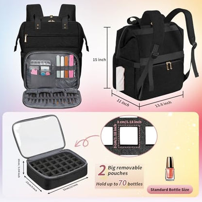 LTINVECK Nail Polish Organizer Case Backpack Holds 70 Bottles (15ml/0.5fl.oz)& Nail Lamp, 2 Layers Detachable Nail Kit Storage Case, Large Travel Nail Supplies Shoulder Bag for Manicure Tools (black) - color: Black