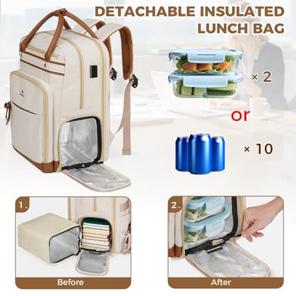 MATEIN Teacher Backpack with Lunch Compartment Detachable, 15.6 Inch Laptop Backpack with Organized Pocket, College Computer Work Backpacks Meal Prep Bag Gift for Women Nurse Commute Office - color: Beige