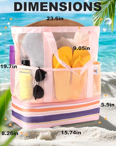 CaCTOUR Beach Bag with Cooler Compartment,Mesh Beach Bag Dry Wet Detachable with Zipper Pockets,Waterproof Sandproof Pool Bag - color: Pink