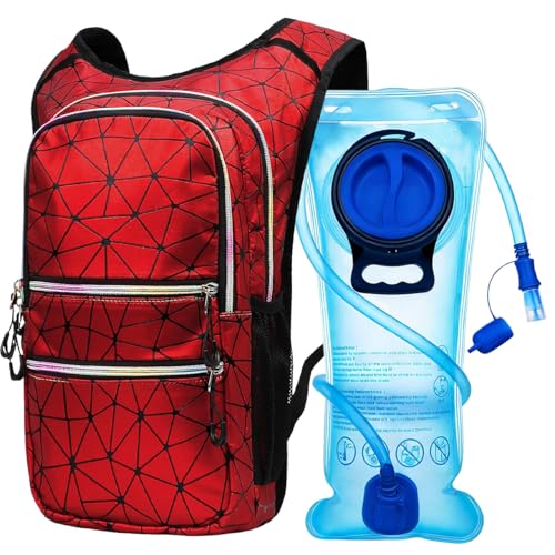 Mothybot Hydration Backpack Pack, Water Backpack 20L Capacities Included 2L Hydration Bladder, Festival Essential - Rave Hydration Pack Hydropack Hydro for Hiking, Festival Gear - color: Holographic Red Spider Geometric Pattern