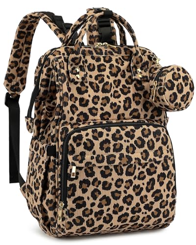Corduroy Diaper Bag Backpack, Large Capacity Multifunction Baby Diaper Bags for Women, Insulated Bottle Pockets & Pacifier Case, Stylish Travel Nappy Changing Bags for Mom Dad (Leopard Brown) - color: Corduroy Leopard Brown