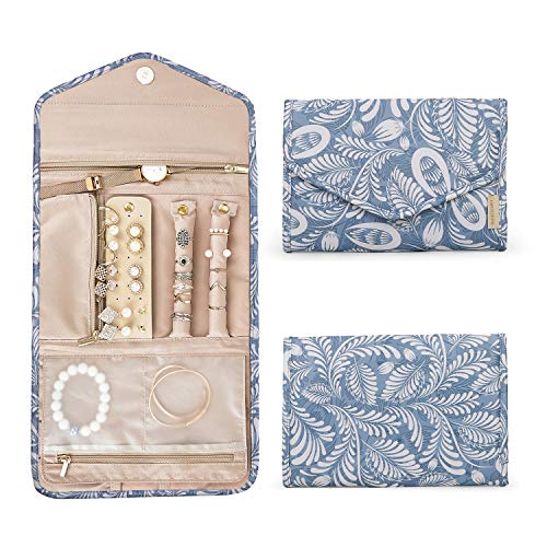 BAGSMART Travel Jewellery Organiser Roll Foldable Jewelry Case for Journey-Rings, Necklaces, Bracelets, Earrings, White Leaf - color: White Leaf, size: Medium