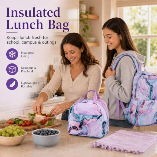 Bluboon Teens Backpack Set Girls School Backpack Lunch Box Pencil Bags Student Bookbags 3 in 1 (Green Marble) - color: Green Marble