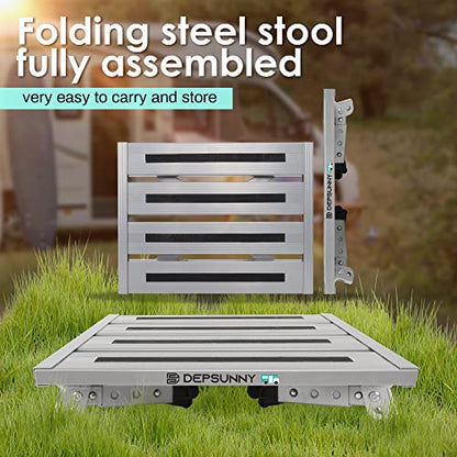 Adjustable Height Aluminum RV Step, Stable Foldable Platform Step Stool, Supports Up to 1,000 lb, Non-Slip Rubber Feet and Platform Mat, Easy to Carry (Silver) - color: Silver